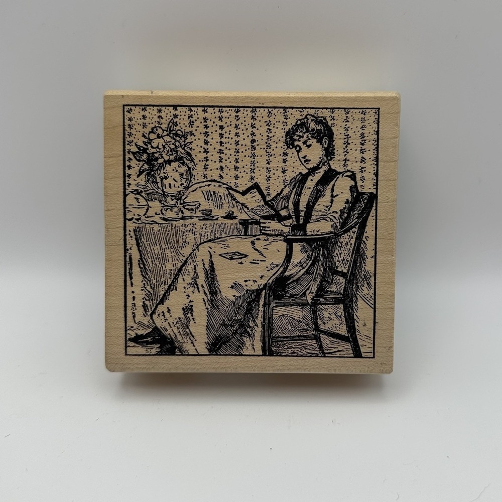 Magenta Victorian Era Woman Mother Reading Wood Mounted Rubber Stamp Vintage